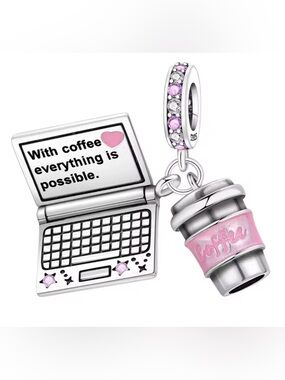 Silver & Pink Sparkle Coffee & Laptop Dangle Charm